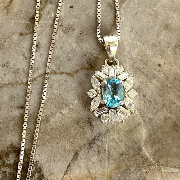 Jewelry - Sterling Silver 925 JC Oval Blue Topaz CZ Halo Pendant Necklace 18" Box Chain